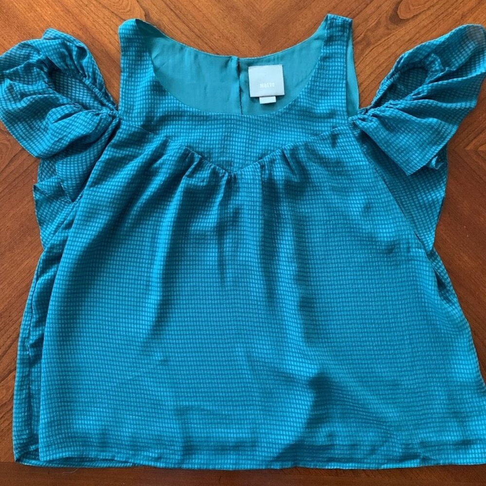 Maeve Anthropologie Women Blouse Sz 16 Gingham Cold Shoulder Ruffle Boho Peasant